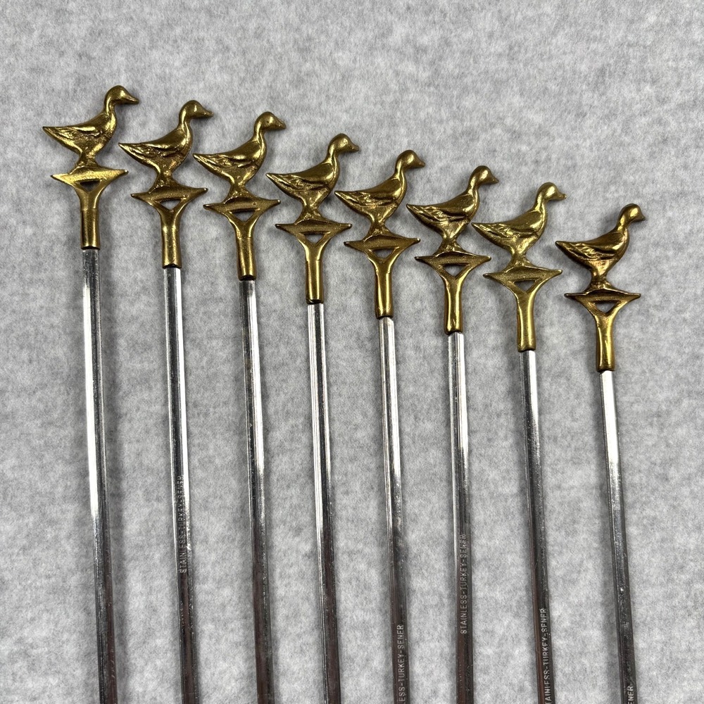 Vintage Turkish Brass Shish Kebab Skewers Set of 8 Duck Handles BBQ Grill